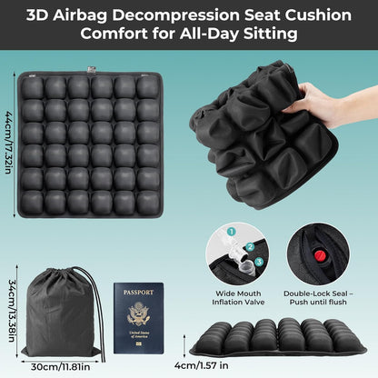 3D Inflatable Airplane Seat Cushion - 60s Fast Press & A4 Fold, 36 Airbags Tailbone Pressure Relief Pad for Long Flights, Black